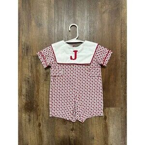 Anvy Kids red and gray houndstooth Jon Jon J monogram euc 12 mos